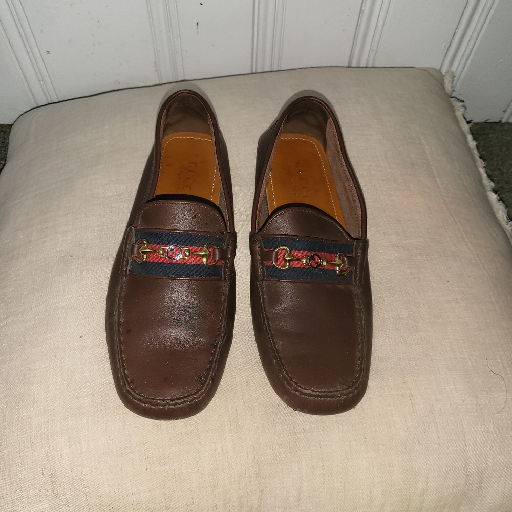 Authentic Gucci Gold Horsebit Brown Leather Mens Loafer US8.5